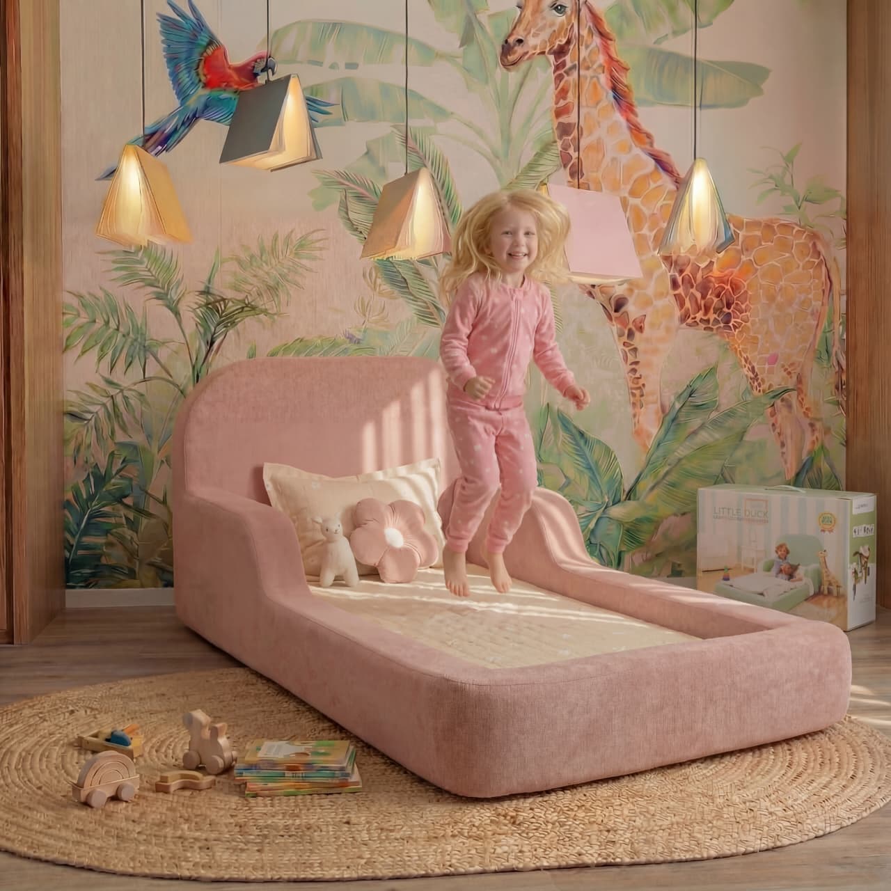 Little Duck Montessori Bed in Fairy Blossom Pink in a soft feminine room