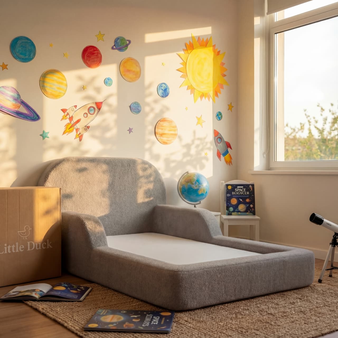 Little Duck Montessori Bed in Stone Castle Gray in a modern nursery