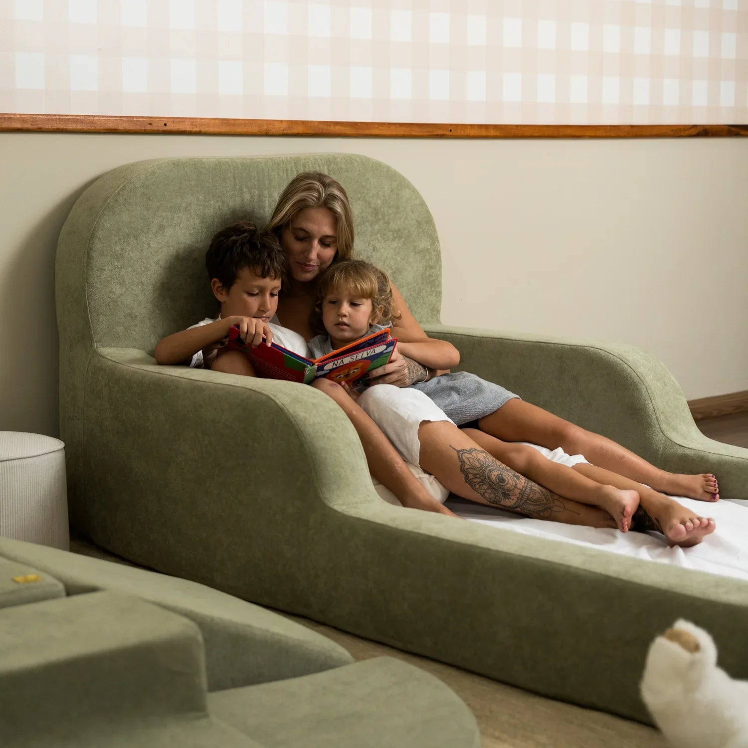 Little Duck Montessori Bed in Olive Green in a nature-inspired nursery