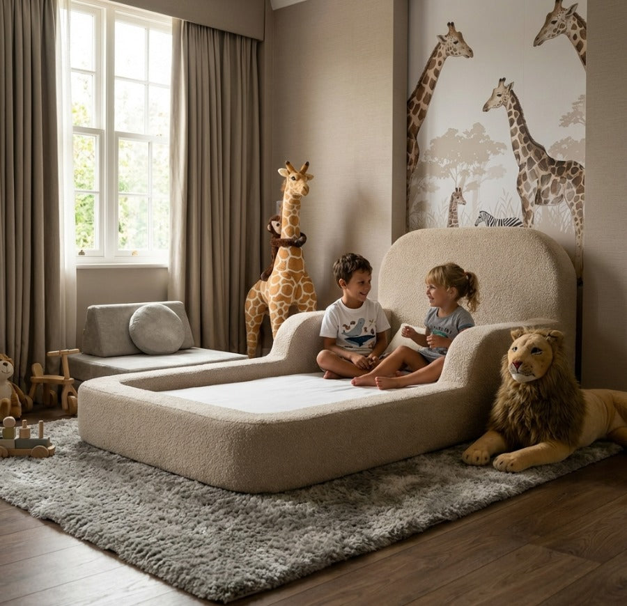 Little Duck Montessori Bed in Vanilla Linen in a cozy toddler room
