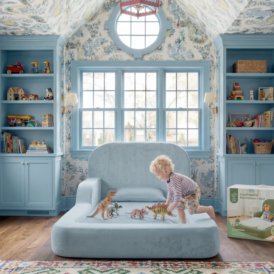 Little Duck Montessori Bed in Sky Blue in a bright toddler bedroom
